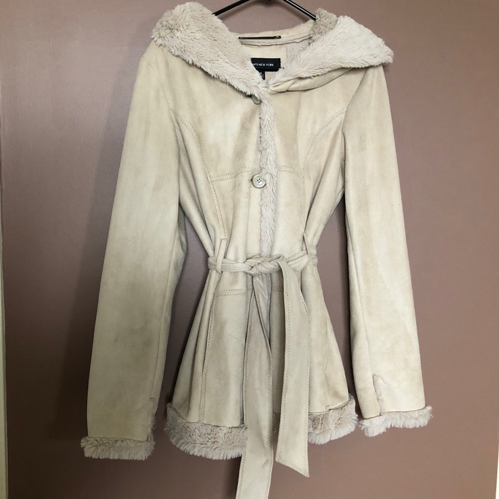 JNY Faux Suede and Plush Fur Belted Jacket Coat